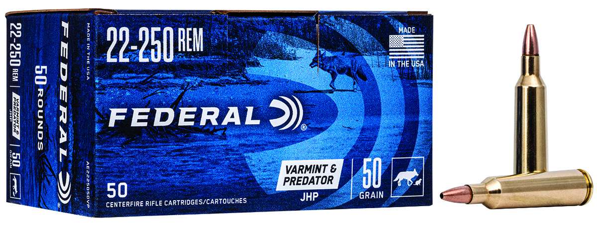 FEDERAL 22250 REM 50GR JHP 50 CT AE VARMINT 50 RD/BX 5 BX/CS